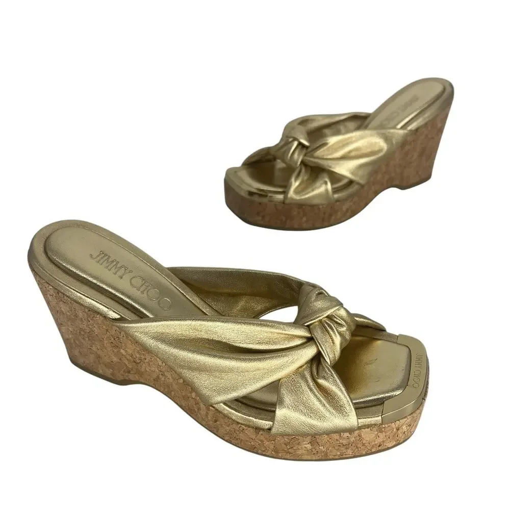 Jimmy Choo Avenue‎ Metallic Leather Cork Wedge Sandals Gold 37